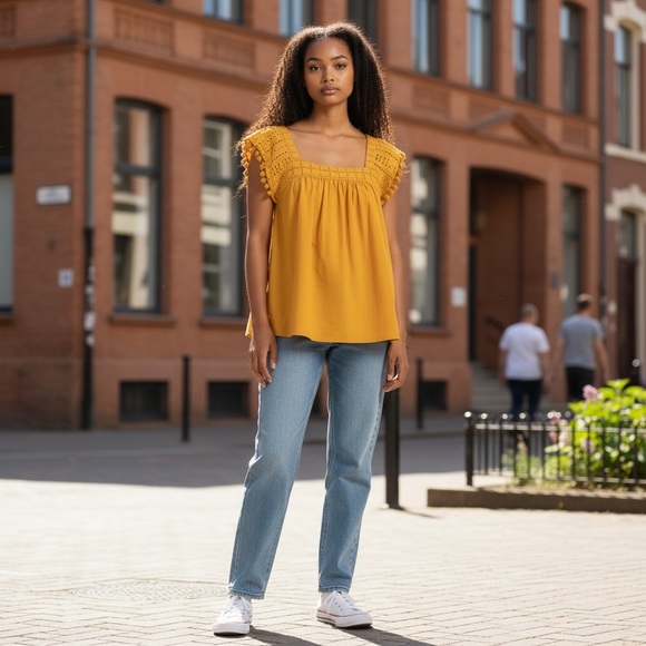 For the Republic Mustard Yellow Embroidered Peasant Top - Size M - Picture 1 of 6